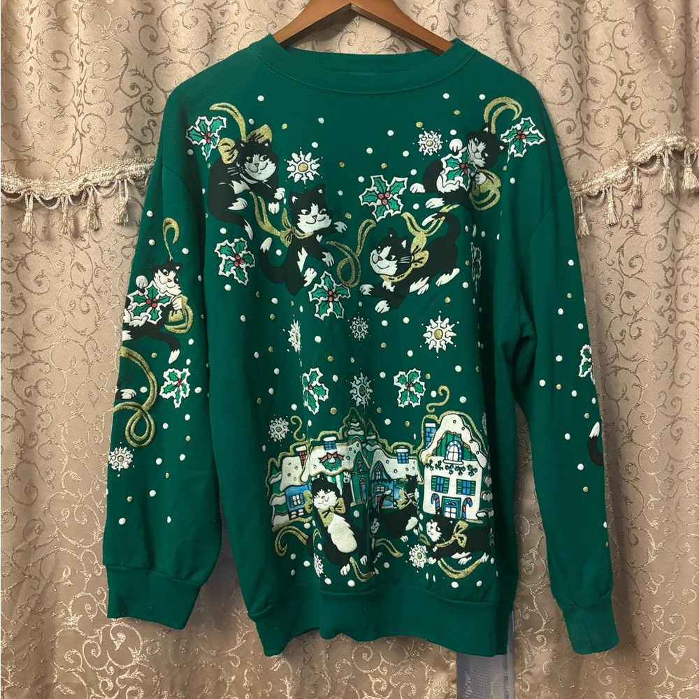 Vintage 90’s Christmas on Mainstreet Green Holiday Cat Lovers Sweater - Large